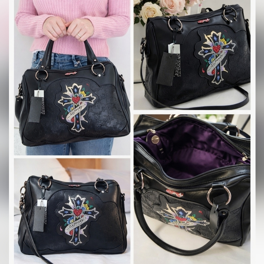 NWT Ed Hardy Black Embossed Rhinestone Cross Satchel Handbag